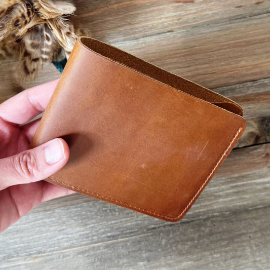 Handmade Full Grain Cowhide Leather BiFold Men’s Wallet – With ID Window & Classic Brown